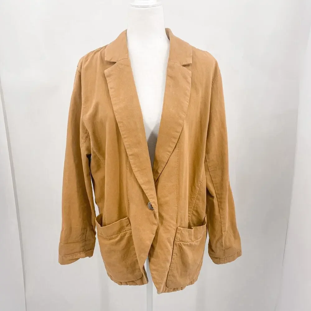 Free People Simply Perfect Tan Brown Linen Cotton Oversized Blazer Jacket Small